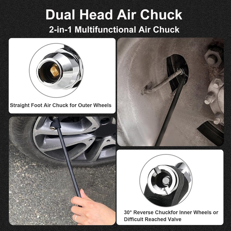 GODESON Air Chuck,12" Extended Reach Air Chucks for Tires，Heavy Duty Dual Head Air Chuck for Semi Tire Inflation,1/4" FNPT Straight Air Chuck for Truck RV Semi Dually Tires - Image 3